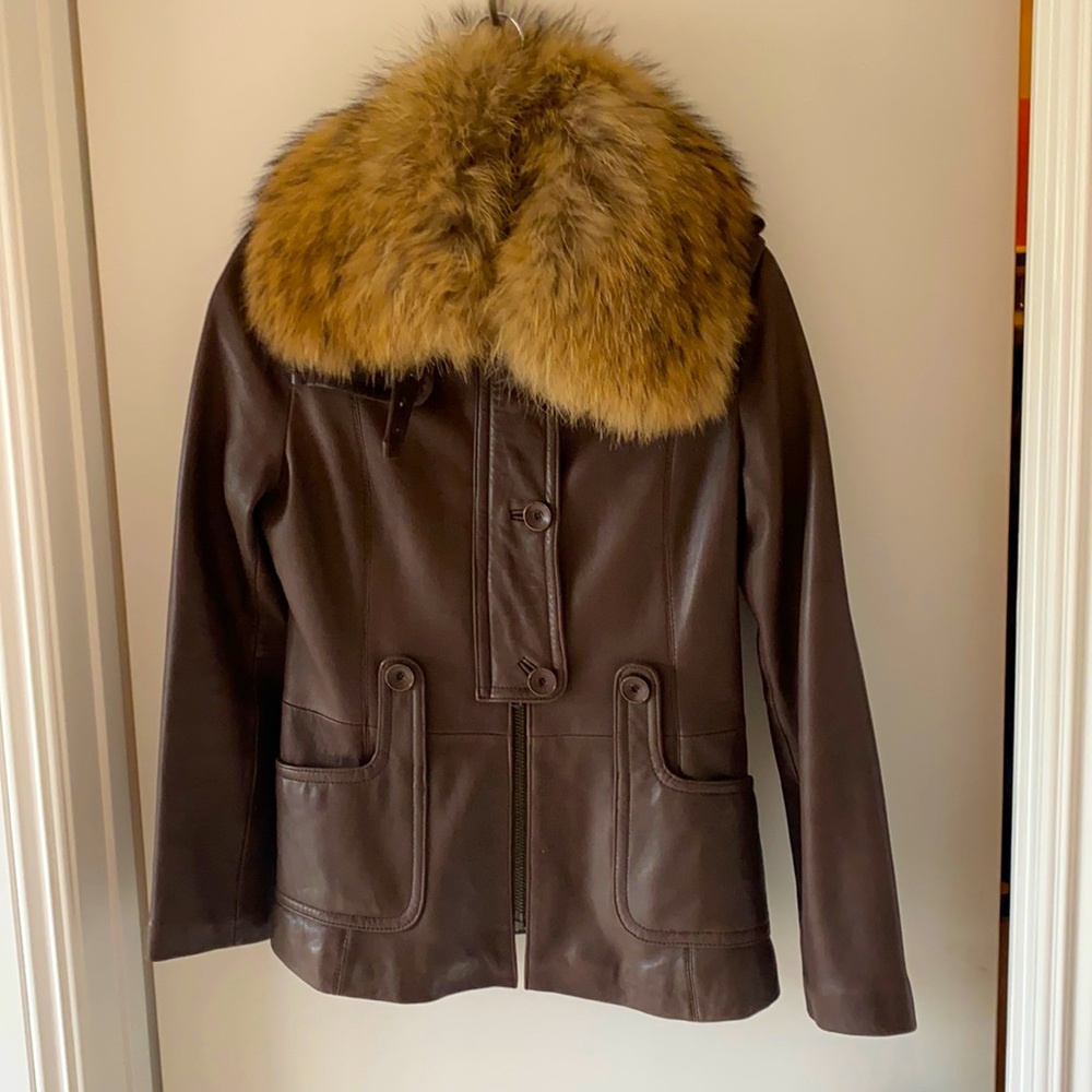 Leather jacket with genuine fox fur collar